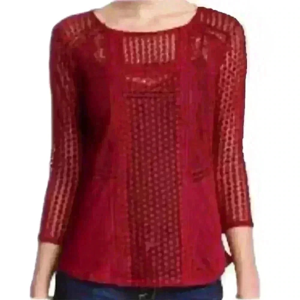 Lucky Brand Boho Peasant Crochet Lace Red 3/4 Sleeve Top, M